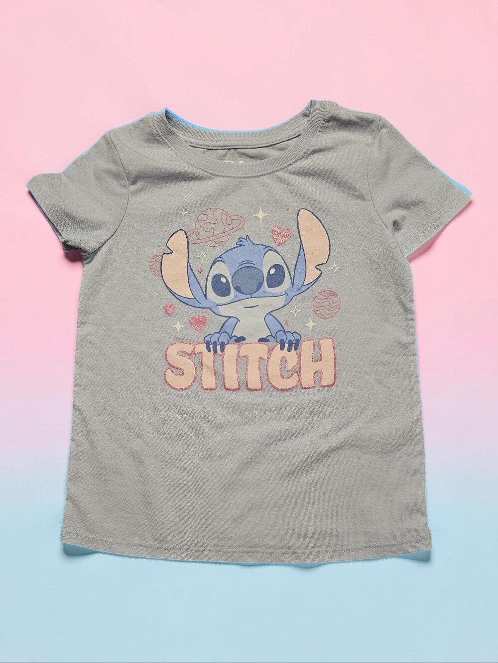 JUMPING BEANS Gray Tee with Blue Stitch Graphic and Pink Lettering. Size 5T.